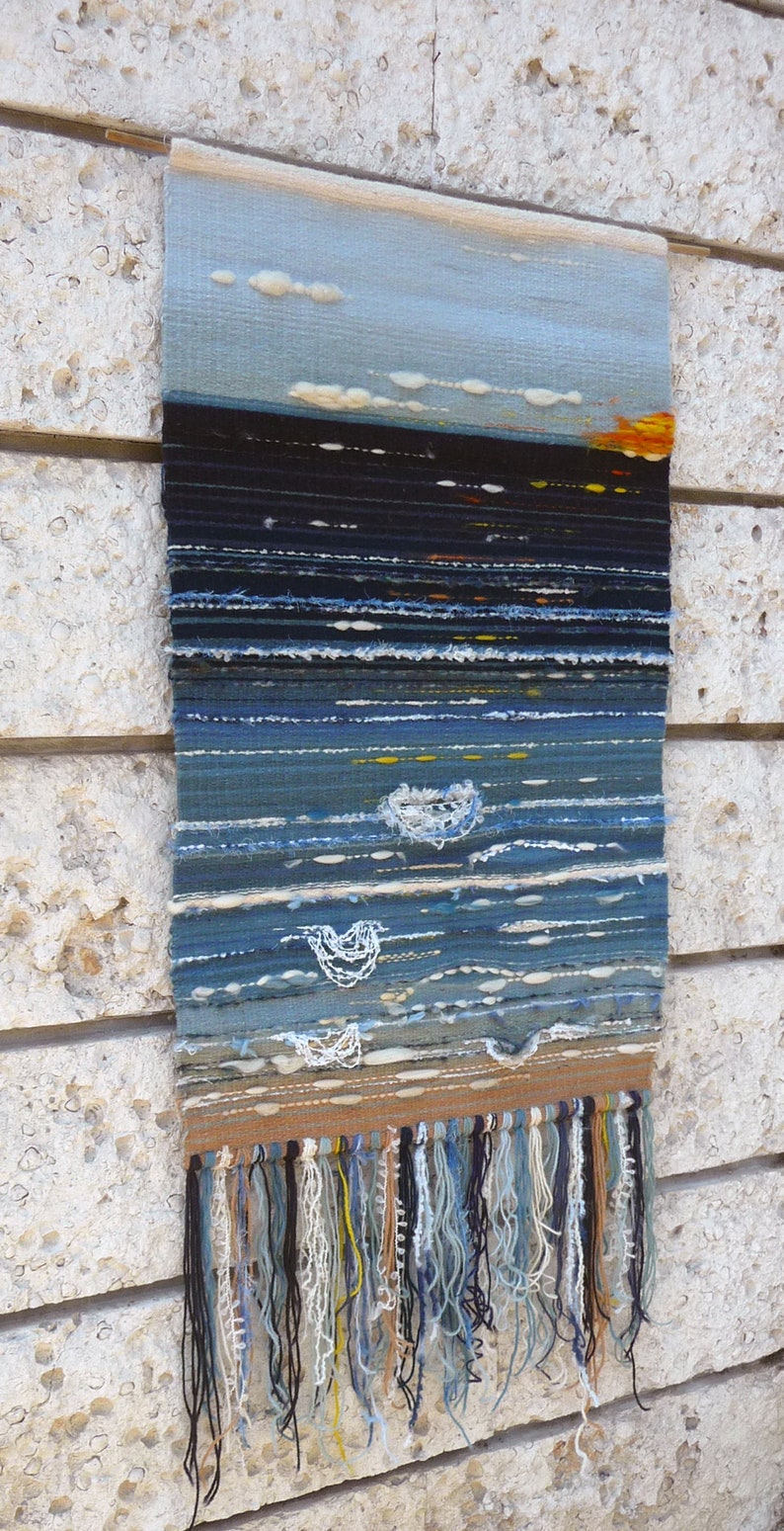 Hand-woven tapestry, sunrise over the sea, abstract coastal tapestry