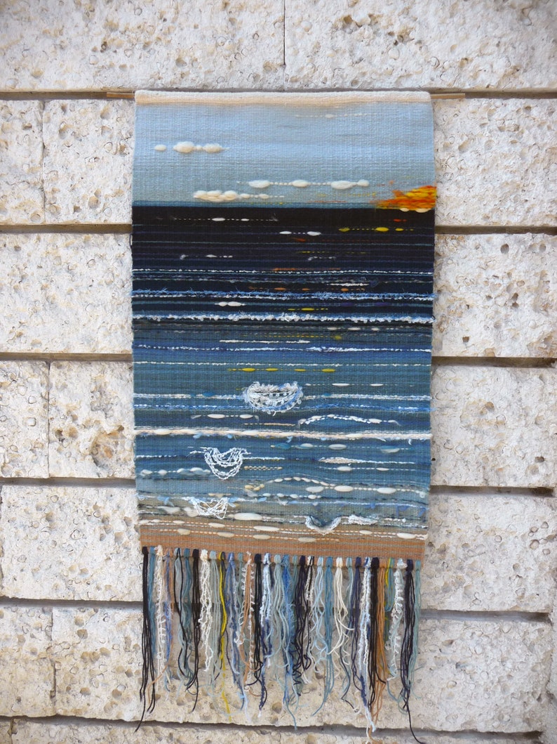 Hand-woven tapestry, sunrise over the sea, abstract coastal tapestry