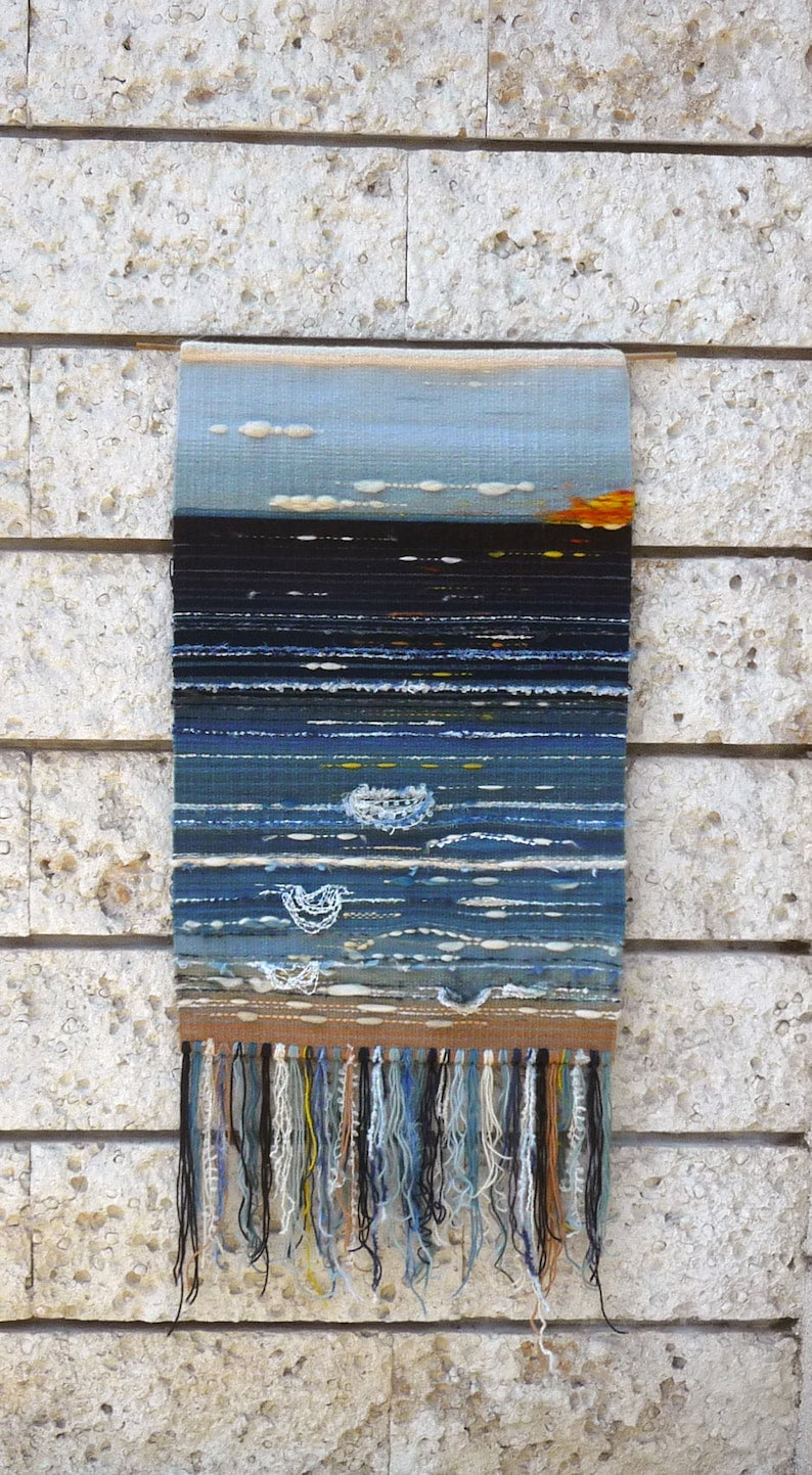 Hand-woven tapestry, sunrise over the sea, abstract coastal tapestry