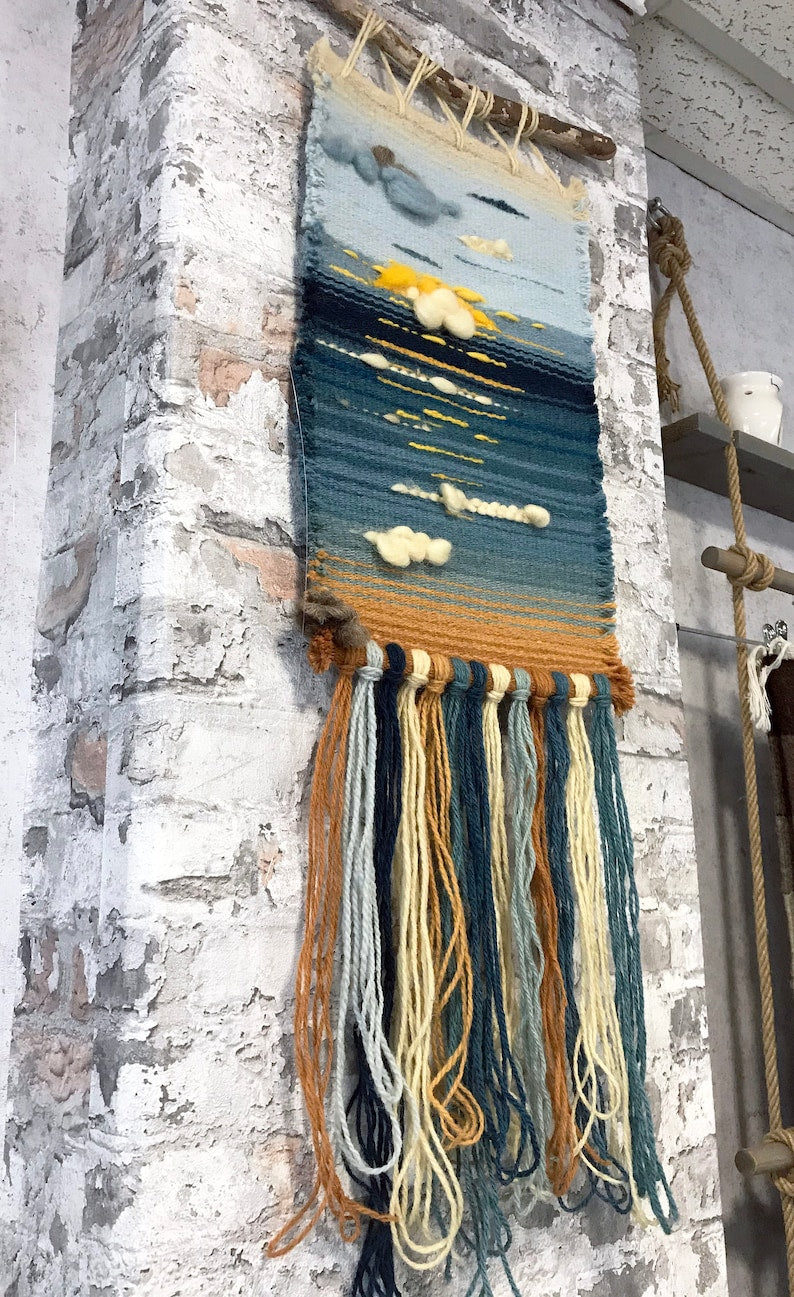 Woven Blue Wall Hanging 'Summer morning' Handwoven Fiber Art Wool Tapestry Boho Wall Decor Handmade Gift with Driftwood