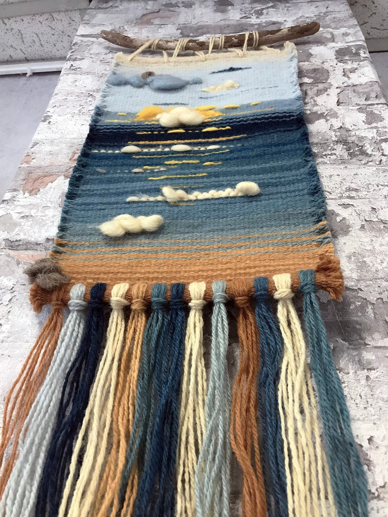 Woven Blue Wall Hanging 'Summer morning' Handwoven Fiber Art Wool Tapestry Boho Wall Decor Handmade Gift with Driftwood