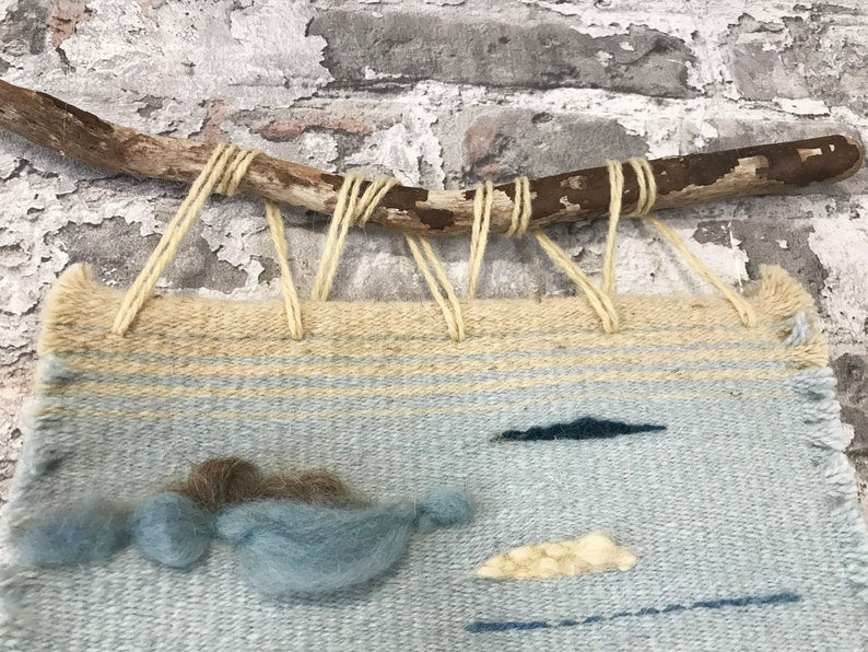 Woven Blue Wall Hanging 'Summer morning' Handwoven Fiber Art Wool Tapestry Boho Wall Decor Handmade Gift with Driftwood