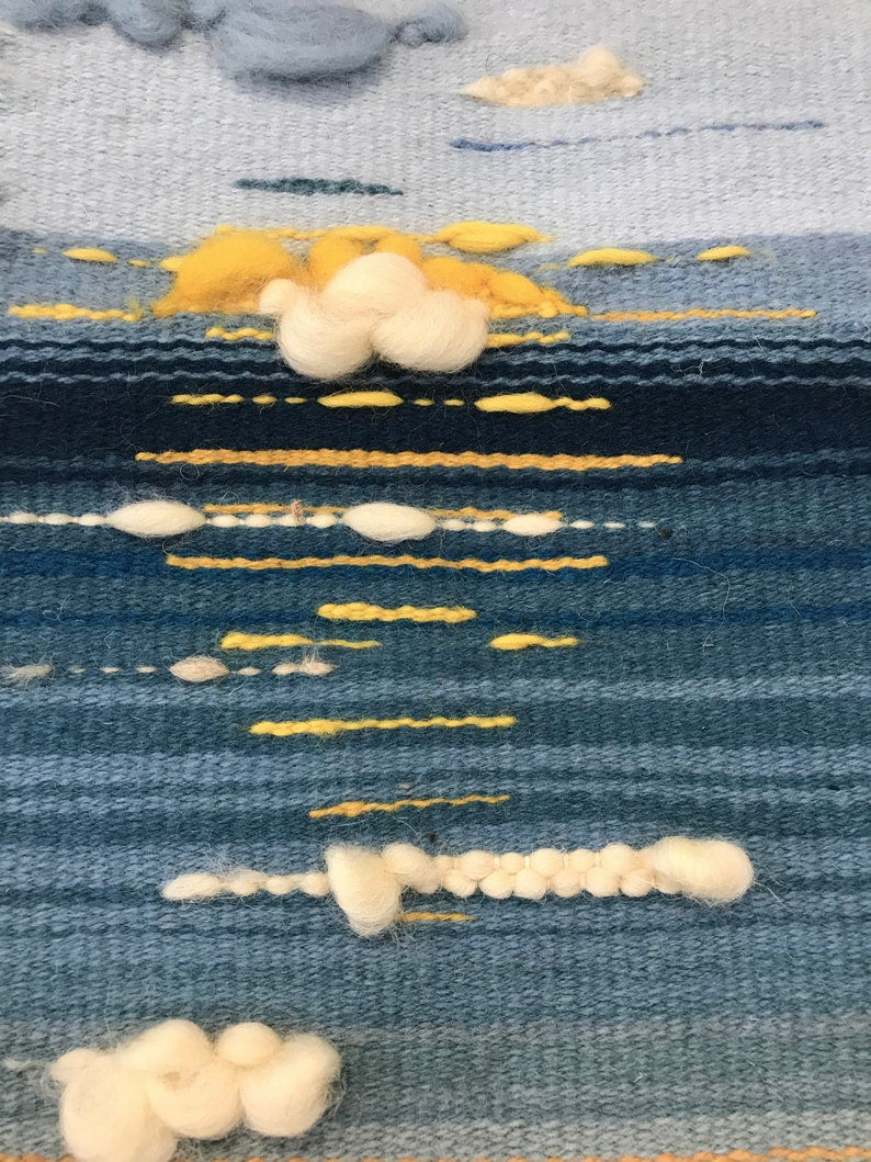Woven Blue Wall Hanging 'Summer morning' Handwoven Fiber Art Wool Tapestry Boho Wall Decor Handmade Gift with Driftwood