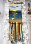 Woven Blue Wall Hanging 'Summer morning' Handwoven Fiber Art Wool Tapestry Boho Wall Decor Handmade Gift with Driftwood