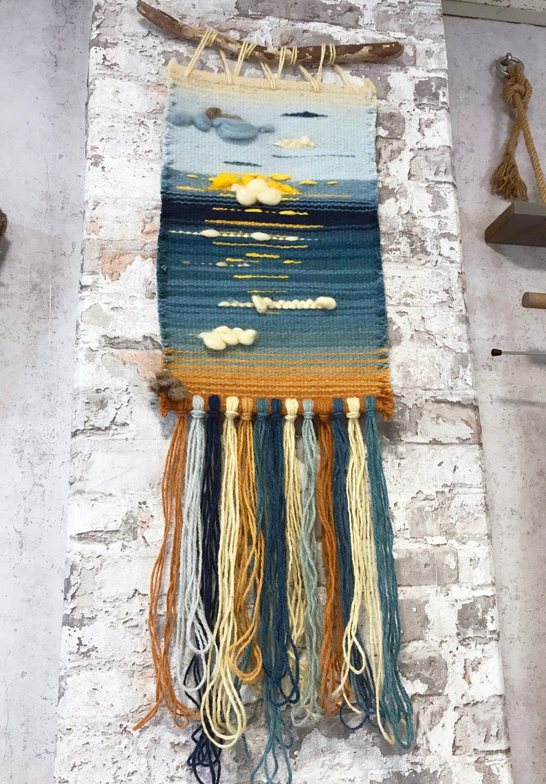 Woven Blue Wall Hanging 'Summer morning' Handwoven Fiber Art Wool Tapestry Boho Wall Decor Handmade Gift with Driftwood