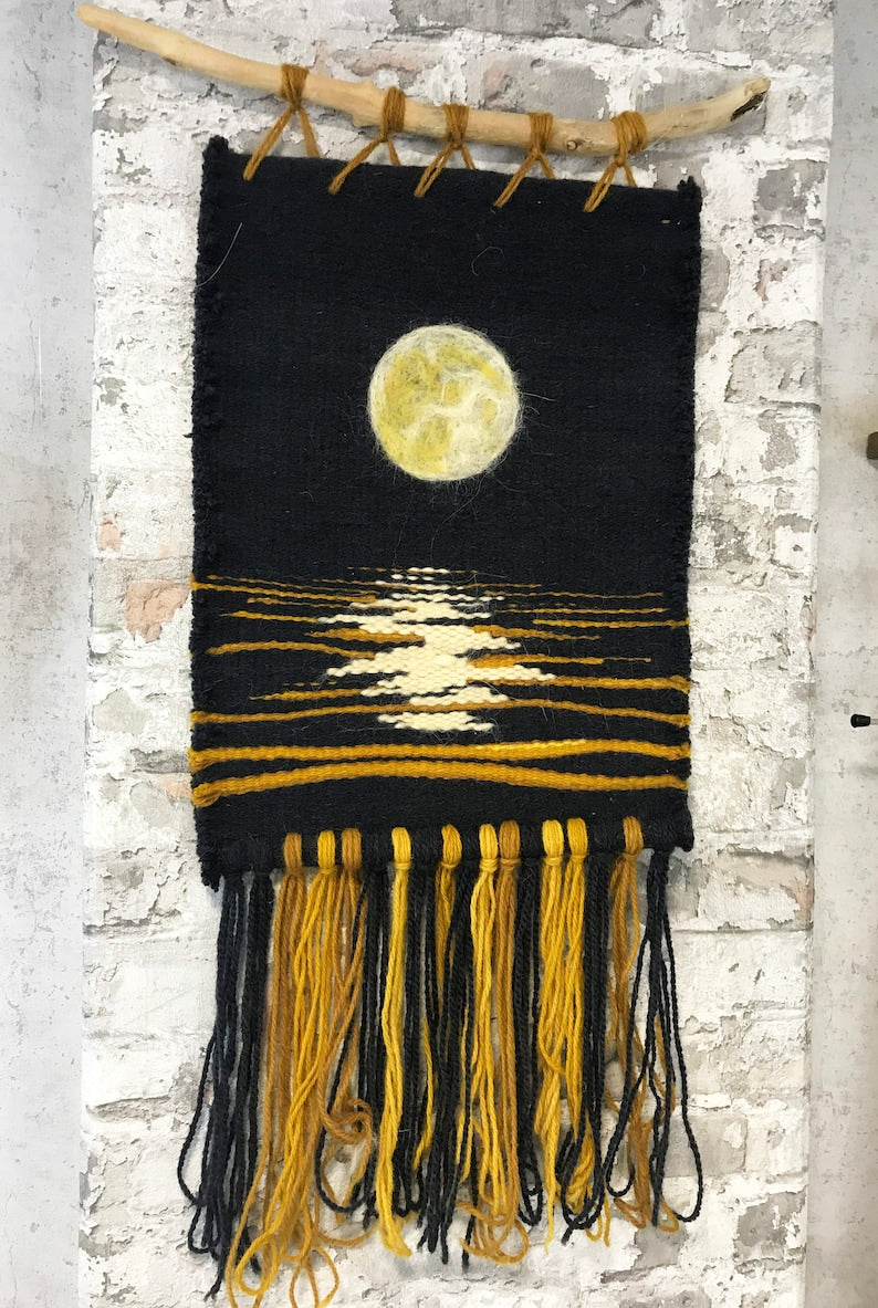 Handwoven Wool Moon Phase Wall Hanging, Boho Fiber Art