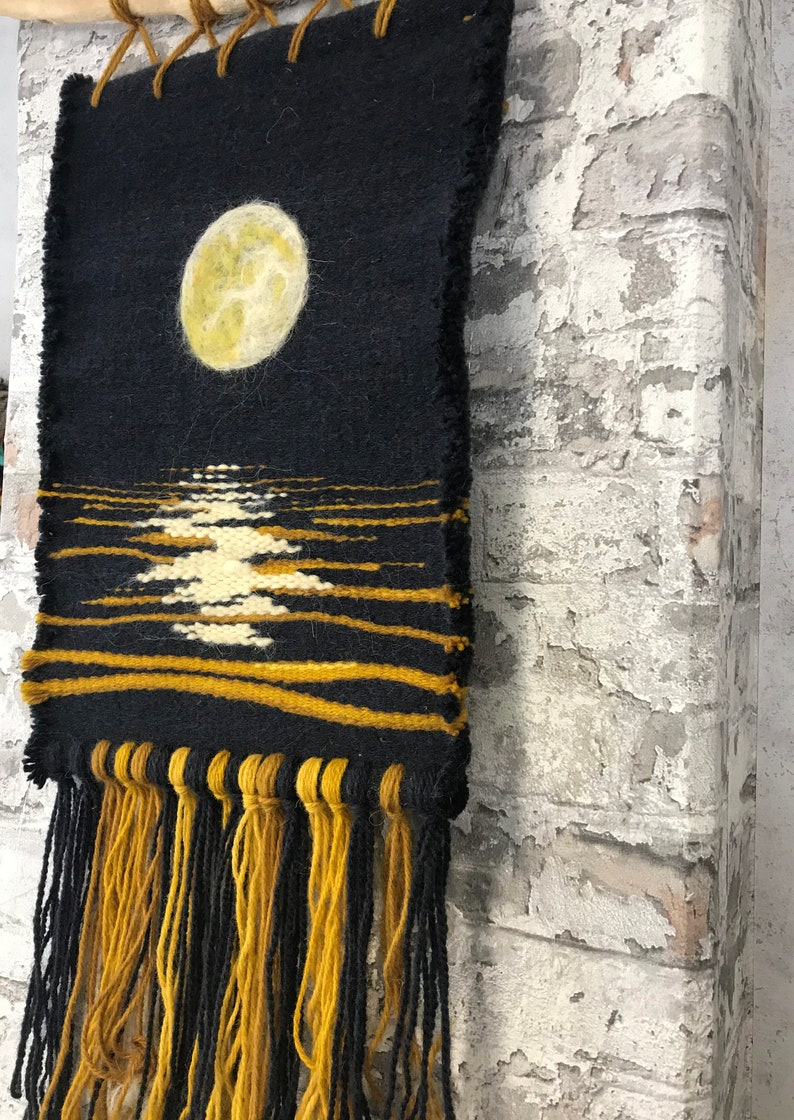 Handwoven Wool Moon Phase Wall Hanging, Boho Fiber Art