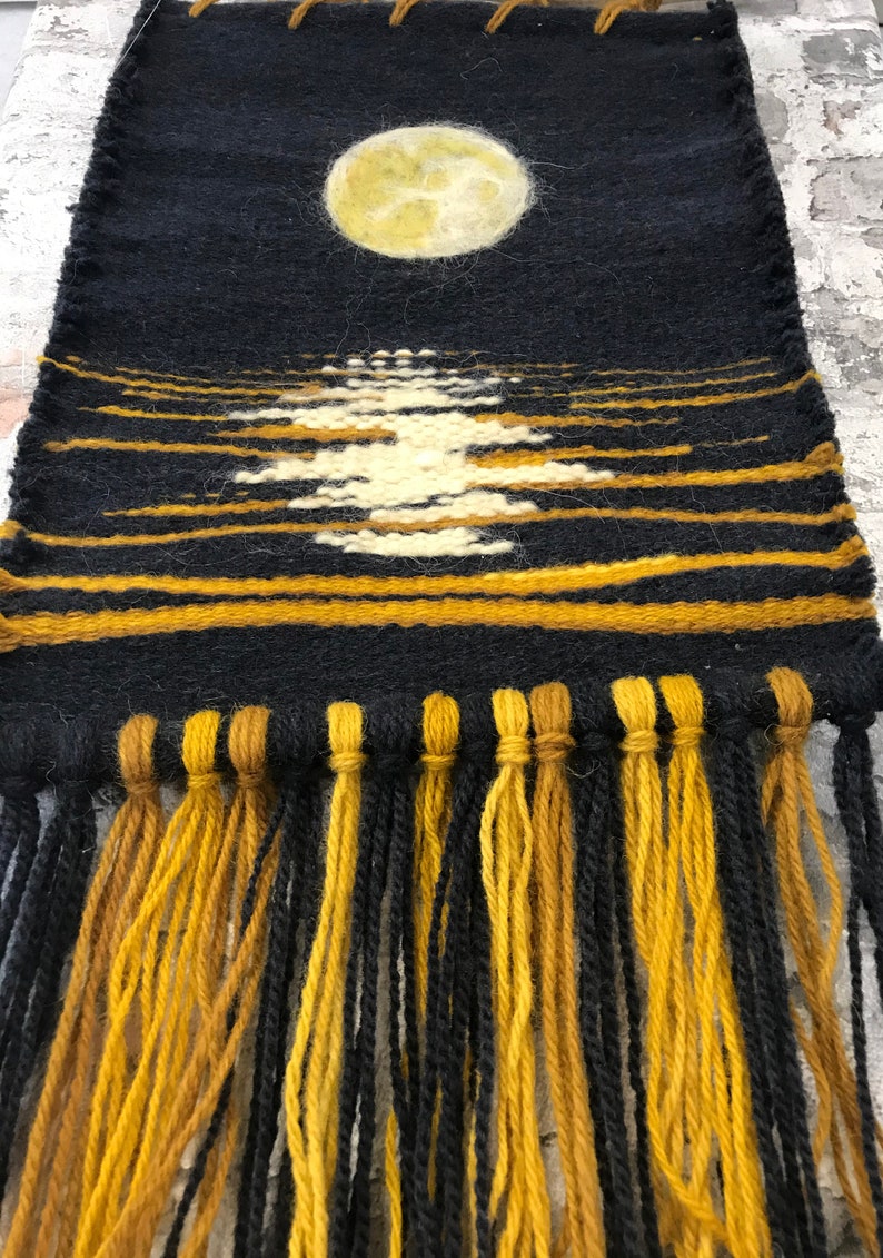 Handwoven Wool Moon Phase Wall Hanging, Boho Fiber Art