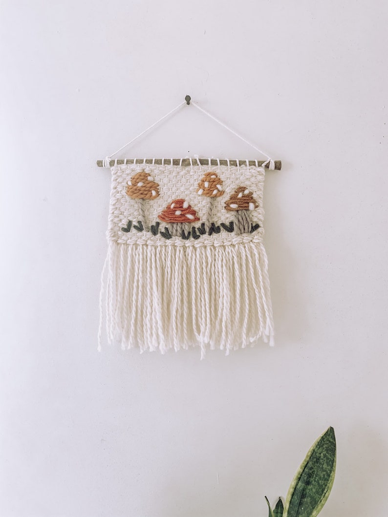 Woven wall hanging with bohemian mushroom embroidery, unisex style decoration