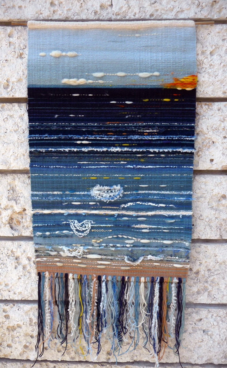 Hand-woven tapestry, sunrise over the sea, abstract coastal tapestry