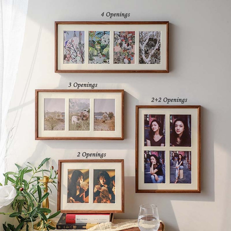 Solid walnut wood photo frames, multi-opening gallery wall display shelves