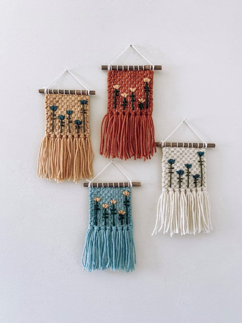 Tulip Flower Woven Embroidered Macrame Wall Hanging Decor - Handmade Fiber Art - Boho Fringe