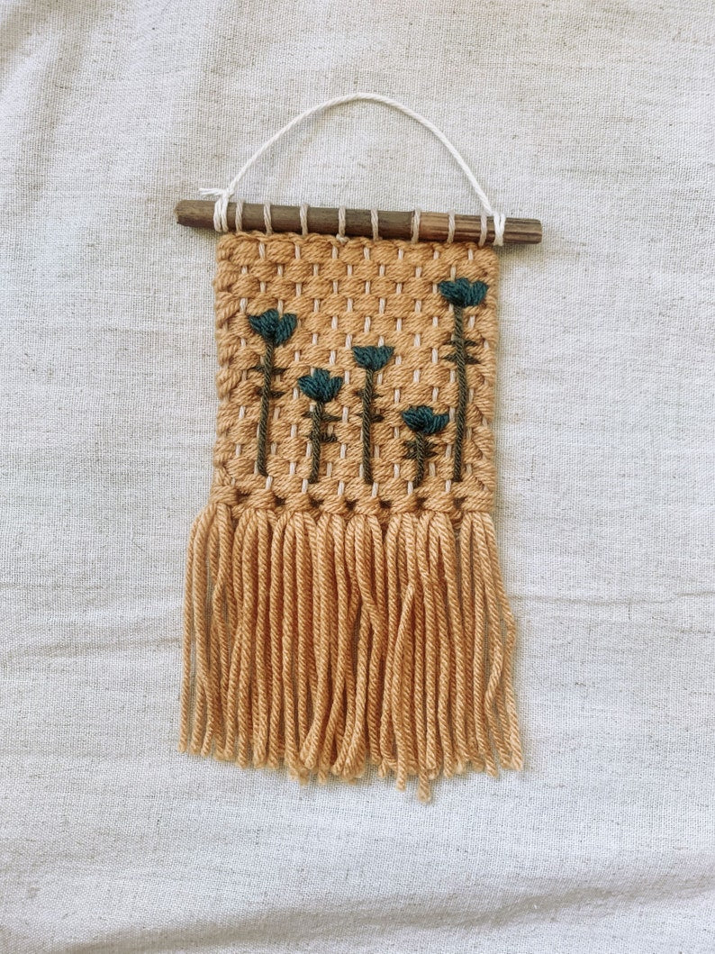 Tulip Flower Woven Embroidered Macrame Wall Hanging Decor - Handmade Fiber Art - Boho Fringe