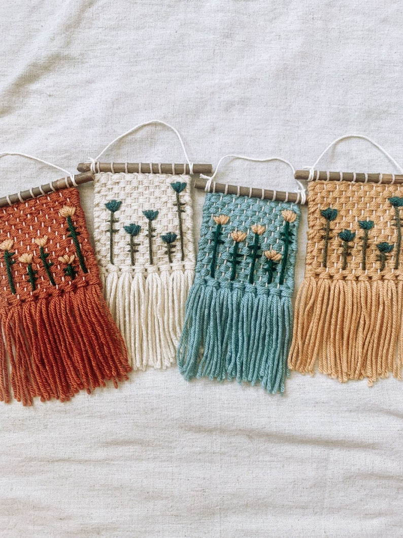 Tulip Flower Woven Embroidered Macrame Wall Hanging Decor - Handmade Fiber Art - Boho Fringe