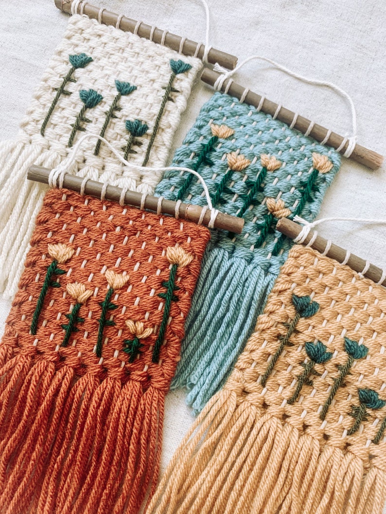 Tulip Flower Woven Embroidered Macrame Wall Hanging Decor - Handmade Fiber Art - Boho Fringe