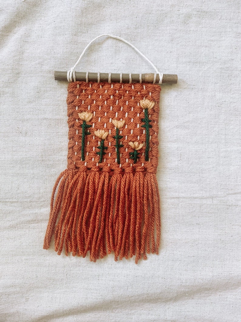 Tulip Flower Woven Embroidered Macrame Wall Hanging Decor - Handmade Fiber Art - Boho Fringe