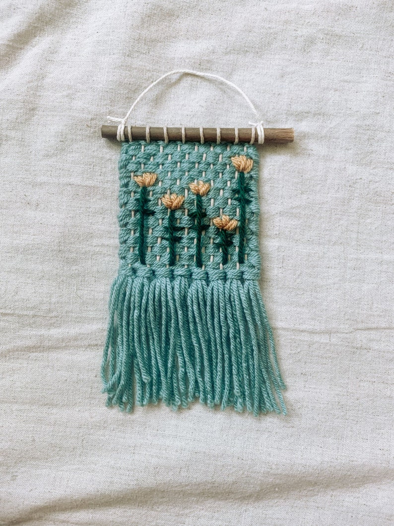 Tulip Flower Woven Embroidered Macrame Wall Hanging Decor - Handmade Fiber Art - Boho Fringe