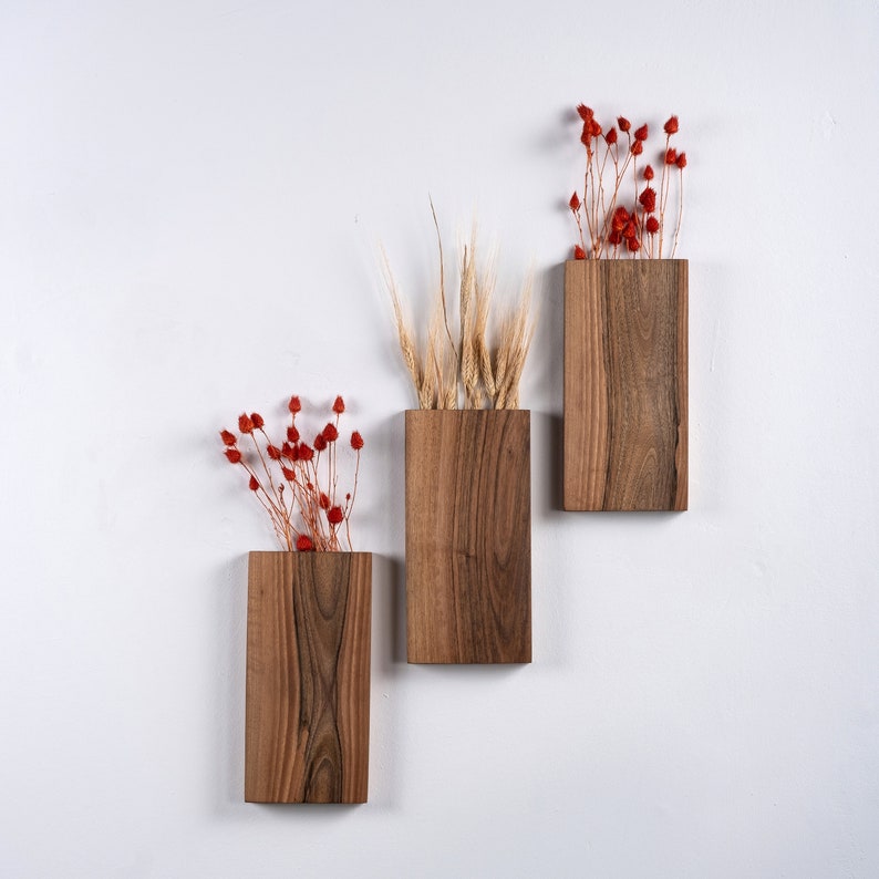 Walnut Wood Wall Vase | Handcrafted Hanging Vase for Dried Flowers