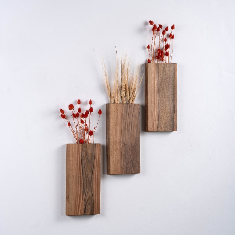 Walnut Wood Wall Vase | Handcrafted Hanging Vase for Dried Flowers