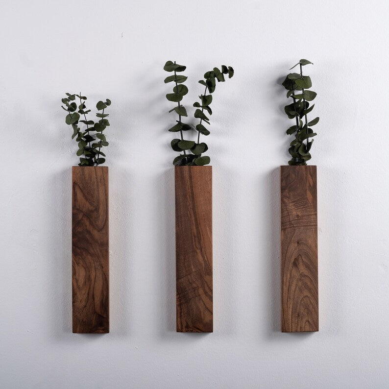 Walnut Wood Wall Vase | Handcrafted Hanging Vase for Dried Flowers