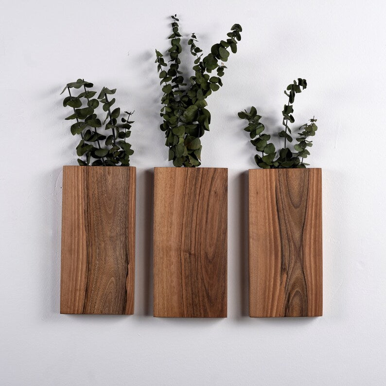 Walnut Wood Wall Vase | Handcrafted Hanging Vase for Dried Flowers