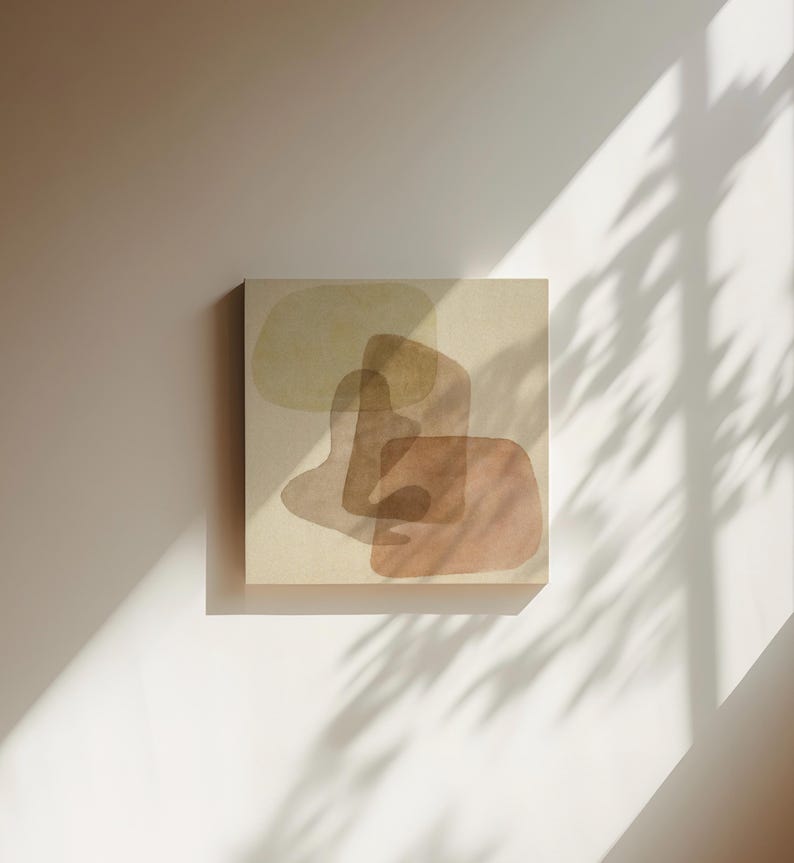 Abstract shape art prints, using neutral warm colors, in the style of the mid-century.