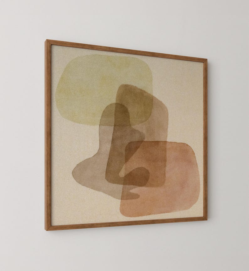 Abstract shape art prints, using neutral warm colors, in the style of the mid-century.