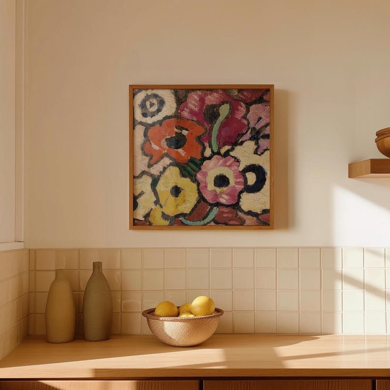 Square-shaped, colorful vintage art piece, made with Hahnemühle 308g matte acid-free photographic paper.
