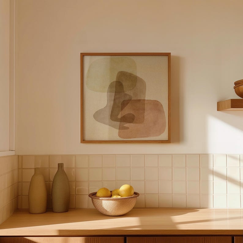 Abstract shape art prints, using neutral warm colors, in the style of the mid-century.