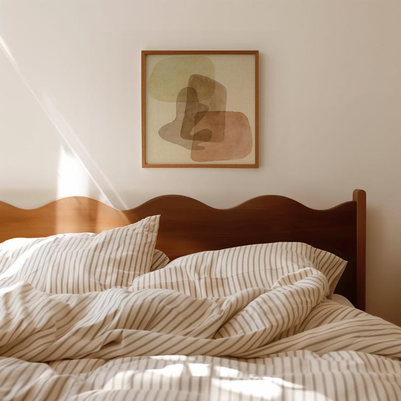 Abstract shape art prints, using neutral warm colors, in the style of the mid-century.