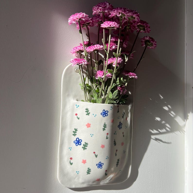Handmade Porcelain Wall Pocket Vase,  Hanging Ceramic Planter
