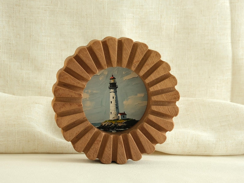 Sunflower Solid Wood Wall Hanging Picture Frame, Lighthouse Artwork, Wooden Art Frame, Tabletop Decor