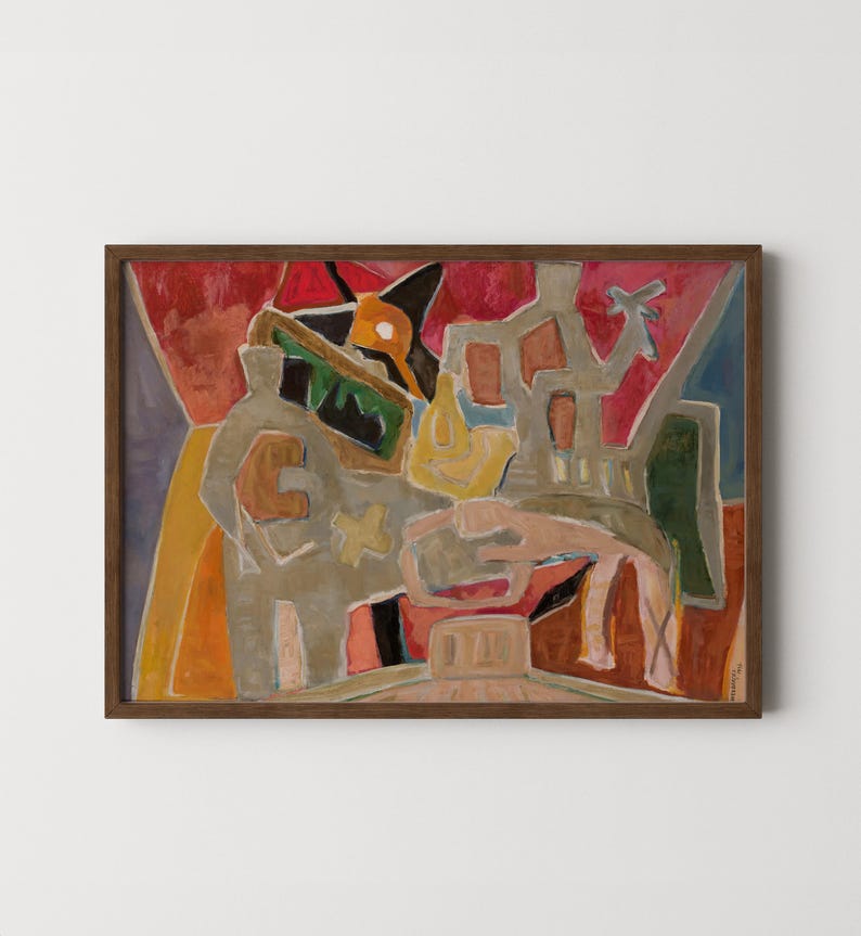 Vintage Abstract Figures Print Mid Century Modern Wall Art Warm Tones