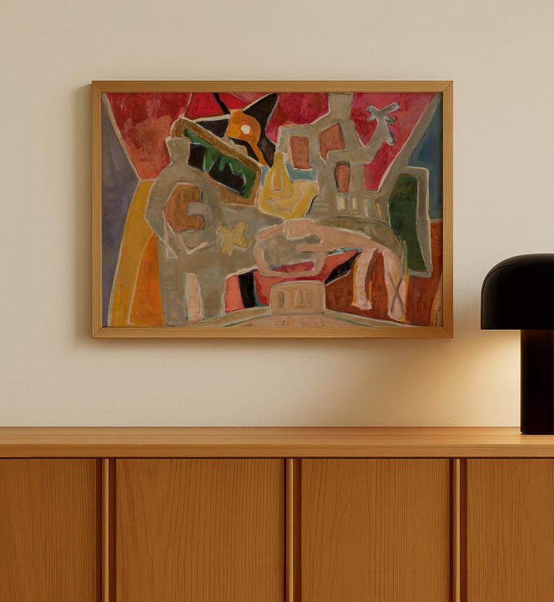 Vintage Abstract Figures Print Mid Century Modern Wall Art Warm Tones