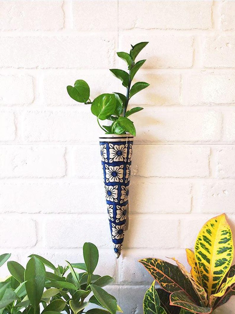 Handmade Blue Pottery Wall Planter - Floral Ceramic Cone Vase
