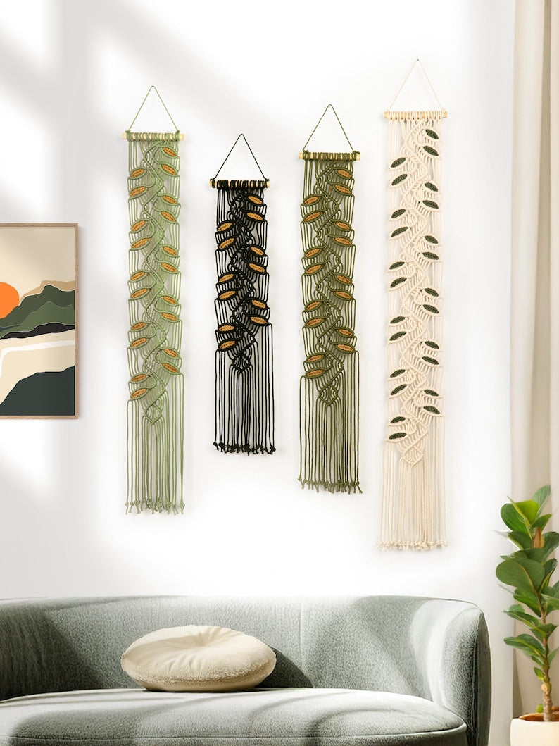 Woven narrow leaf ornament, Bohemian farmhouse style, driftwood material