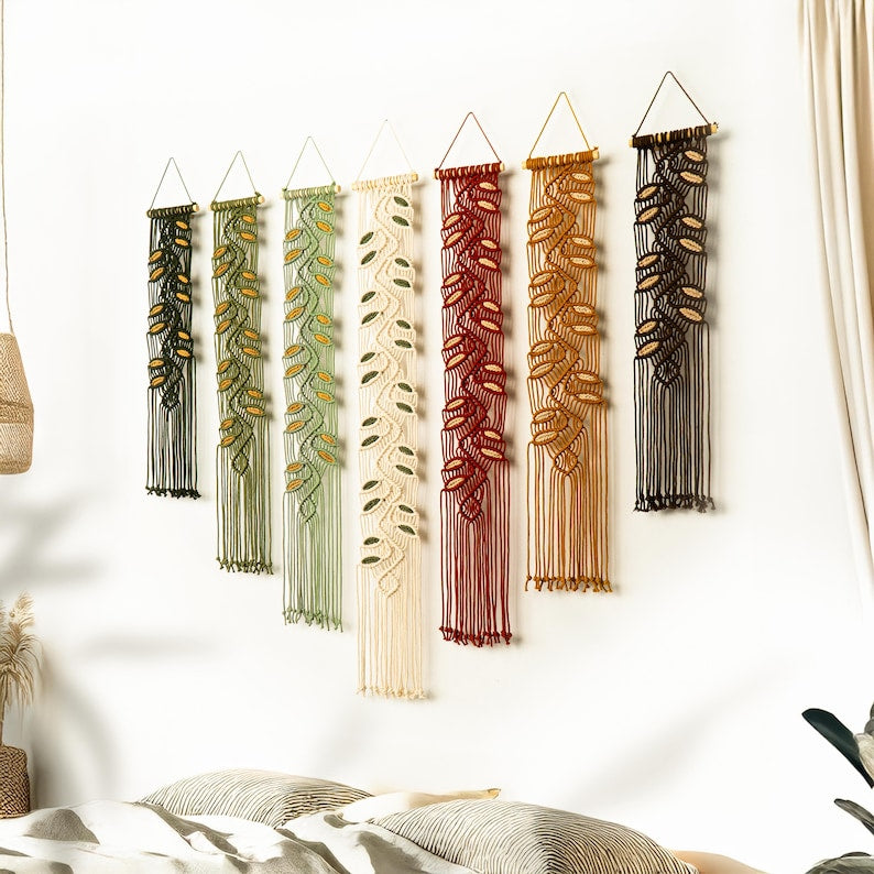 Hand-woven tapestry - Bohemian-style leaf yarn artwork.