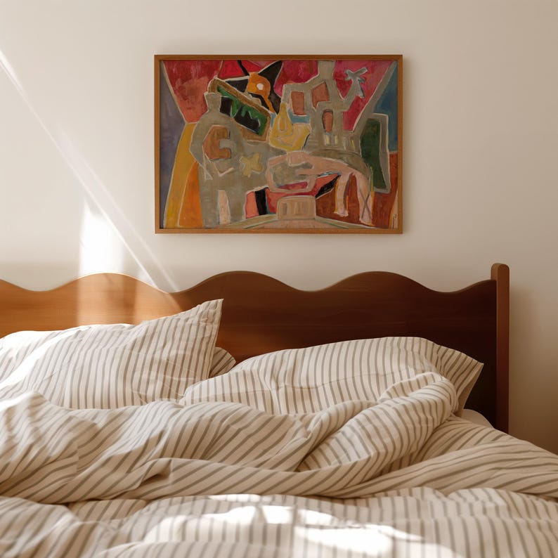 Vintage Abstract Figures Print Mid Century Modern Wall Art Warm Tones