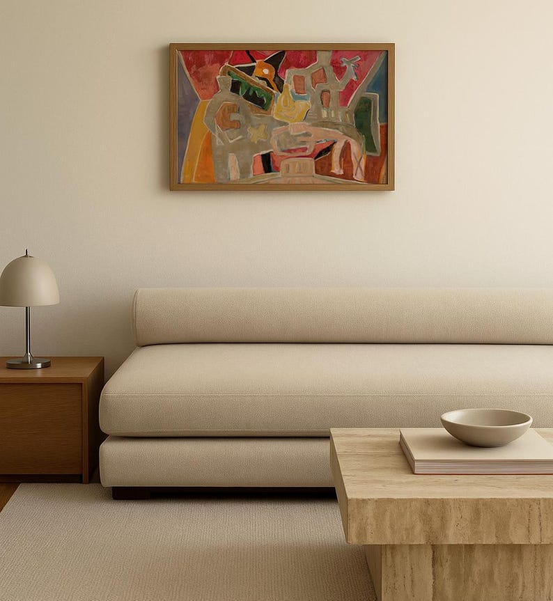 Vintage Abstract Figures Print Mid Century Modern Wall Art Warm Tones