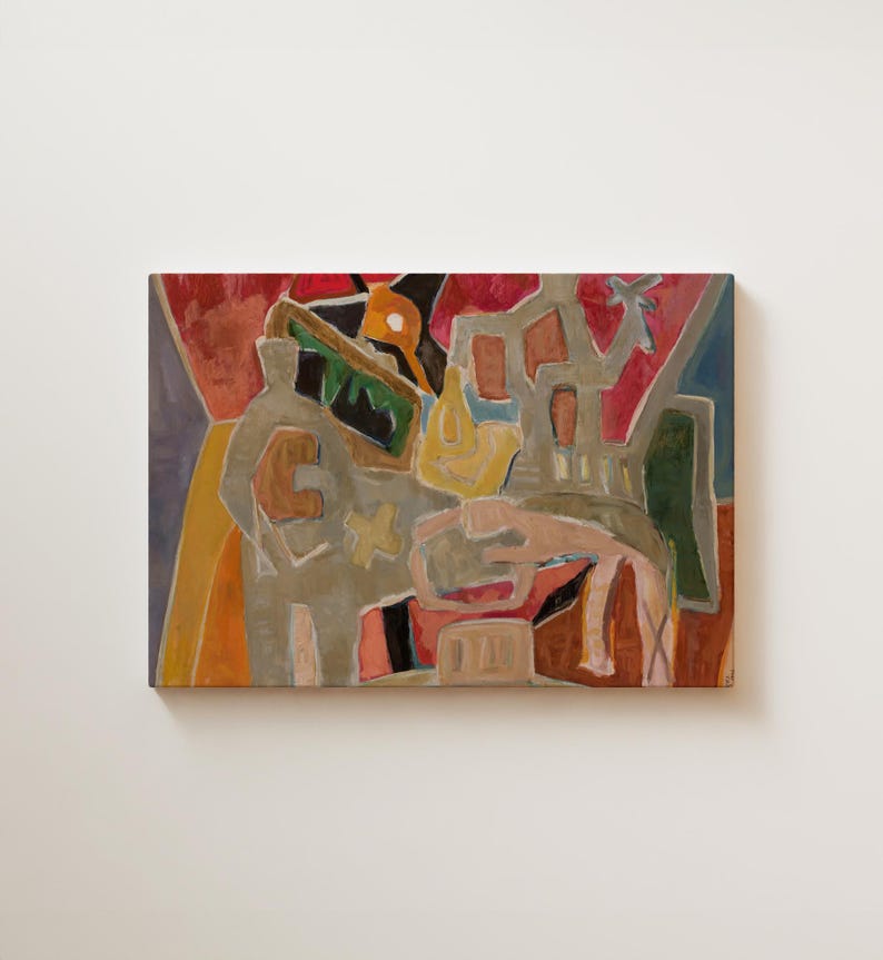 Vintage Abstract Figures Print Mid Century Modern Wall Art Warm Tones