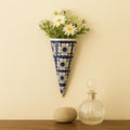 Handmade Blue Pottery Wall Planter - Floral Ceramic Cone Vase