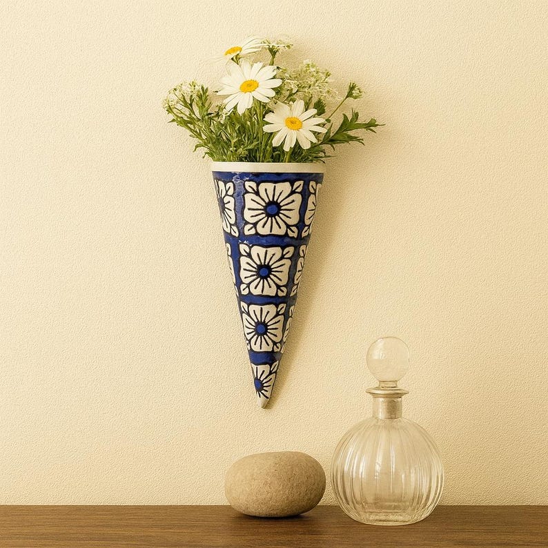 Handmade Blue Pottery Wall Planter - Floral Ceramic Cone Vase