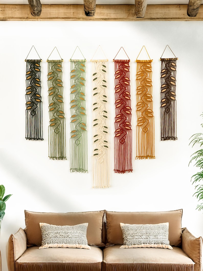 Hand-woven tapestry - Bohemian-style leaf yarn artwork.