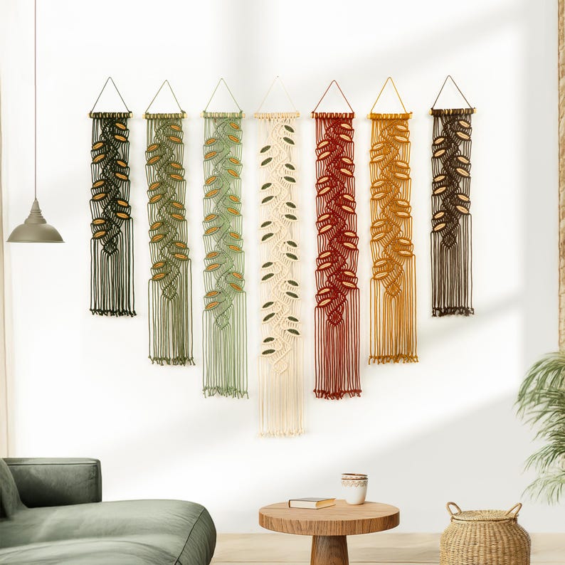 Hand-woven tapestry - Bohemian-style leaf yarn artwork.