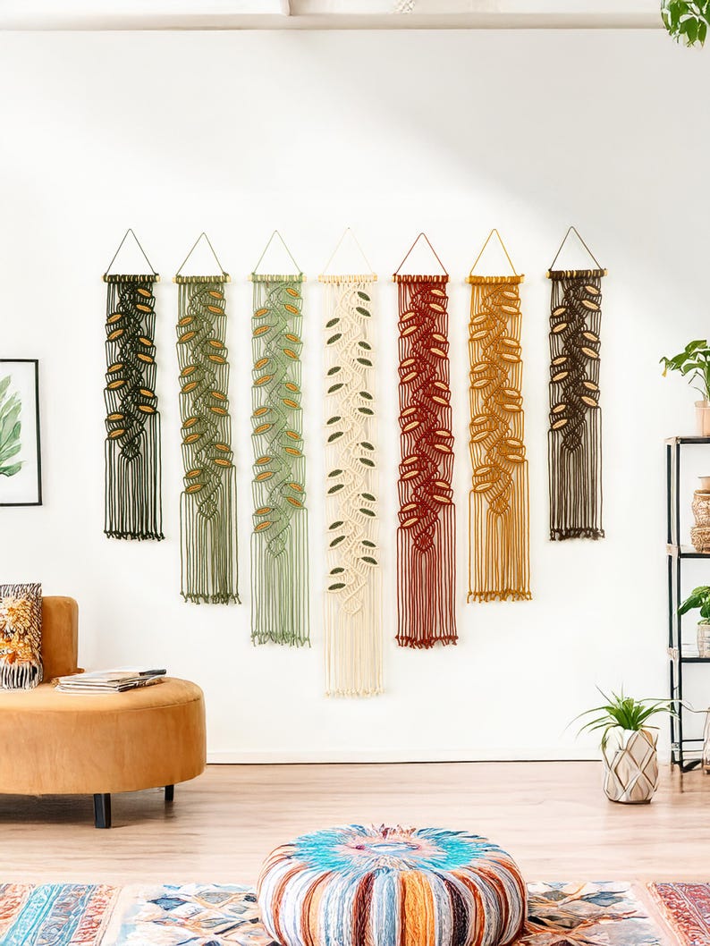 Hand-woven tapestry - Bohemian-style leaf yarn artwork.