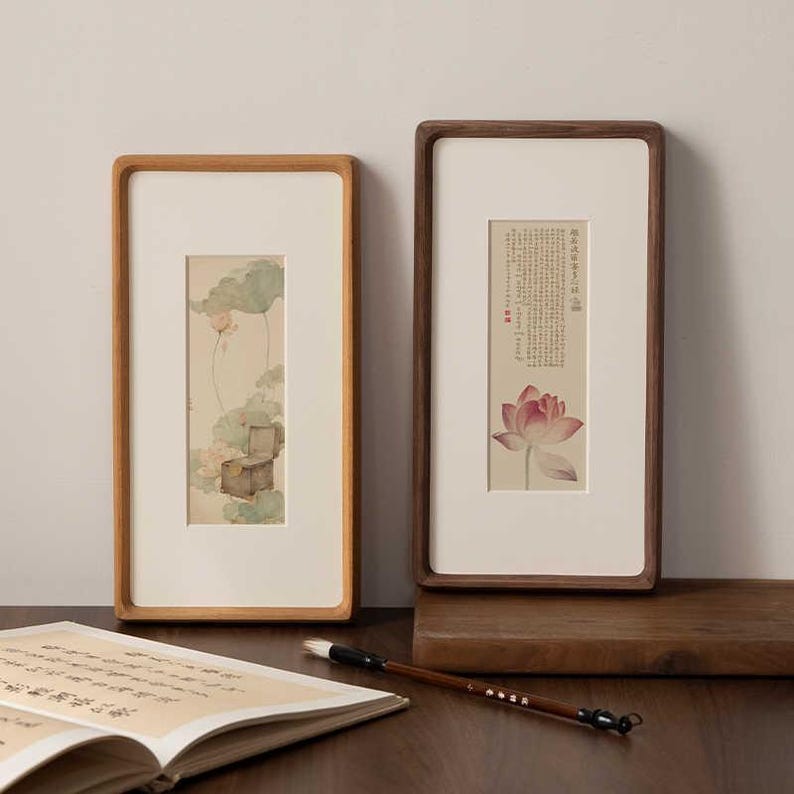 Narrow solid walnut and teak frames, suitable for photo strips, tickets, embossed designs, etc.