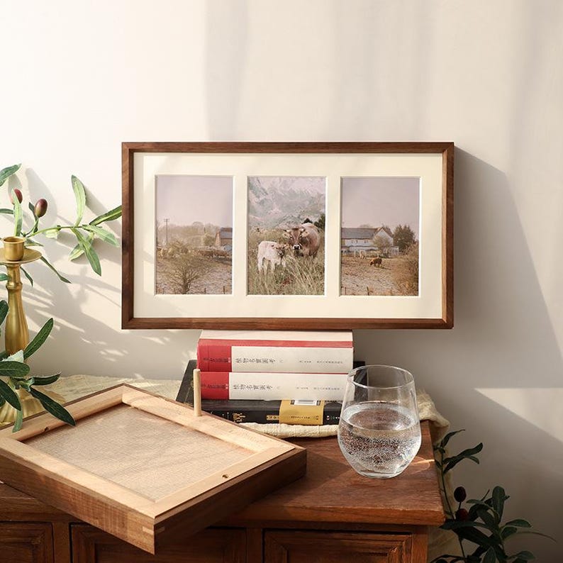 Solid walnut wood photo frames, multi-opening gallery wall display shelves