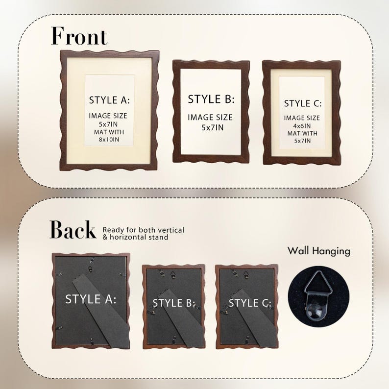 Wavy Wooden Picture Frame Set, Vintage Gallery Wall Frames for Wall or Tabletop Display