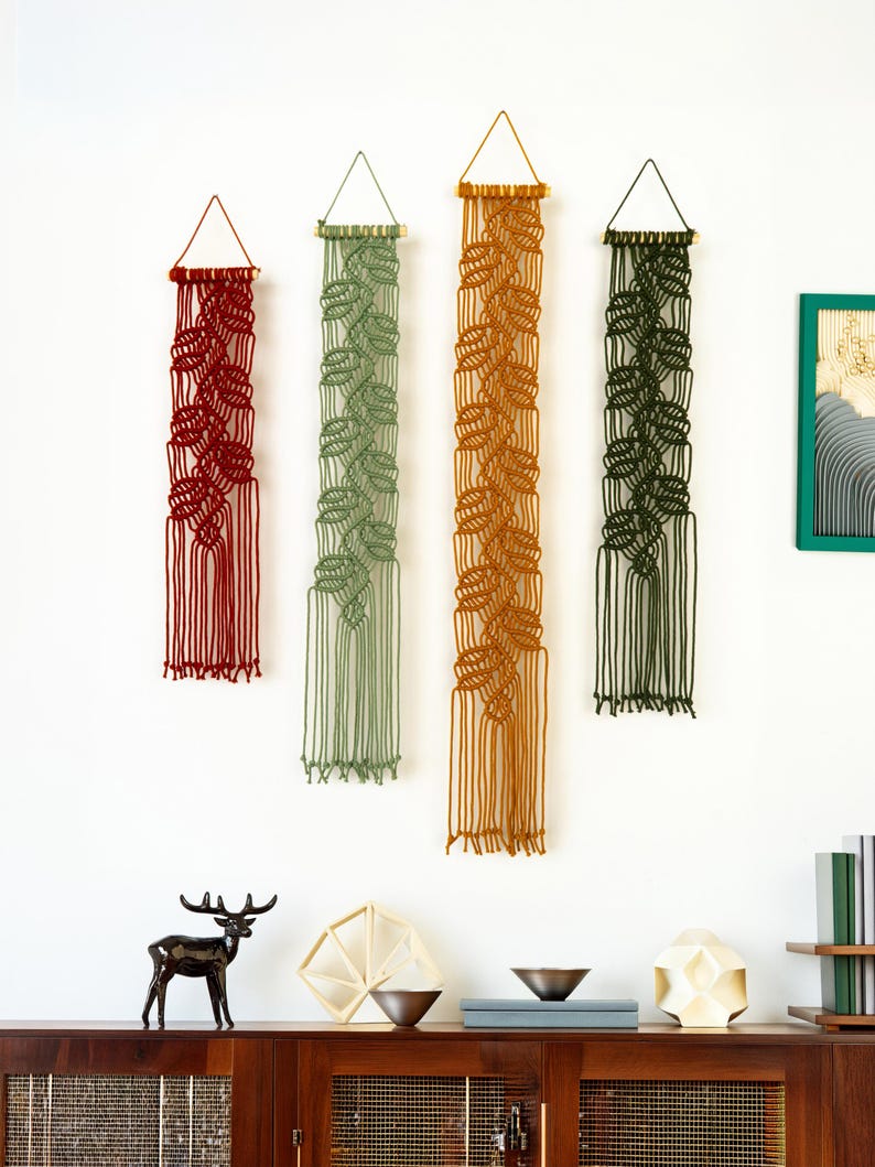 Vertical Leaf Macrame Tapestry, Thin Macrame Hanging, Fabric Wall Art for Bedroom Decor