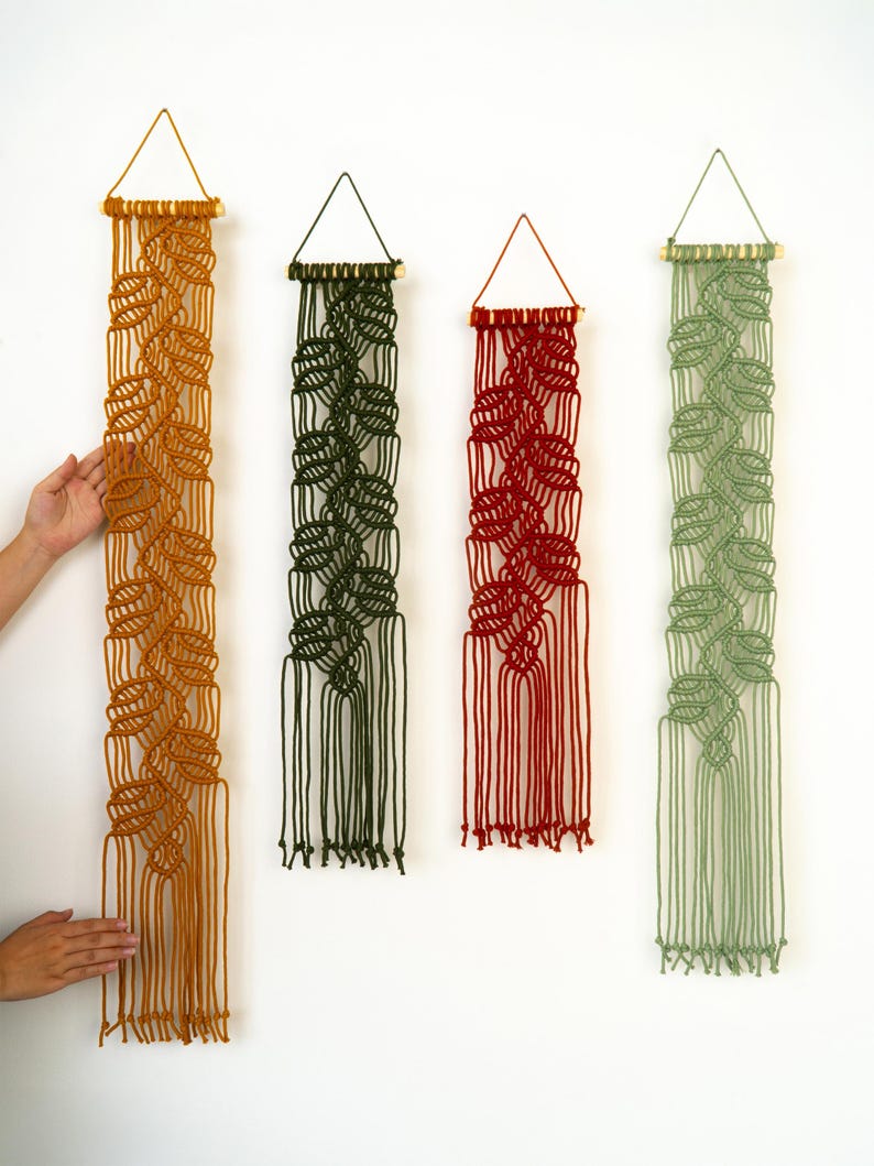 Vertical Leaf Macrame Tapestry, Thin Macrame Hanging, Fabric Wall Art for Bedroom Decor